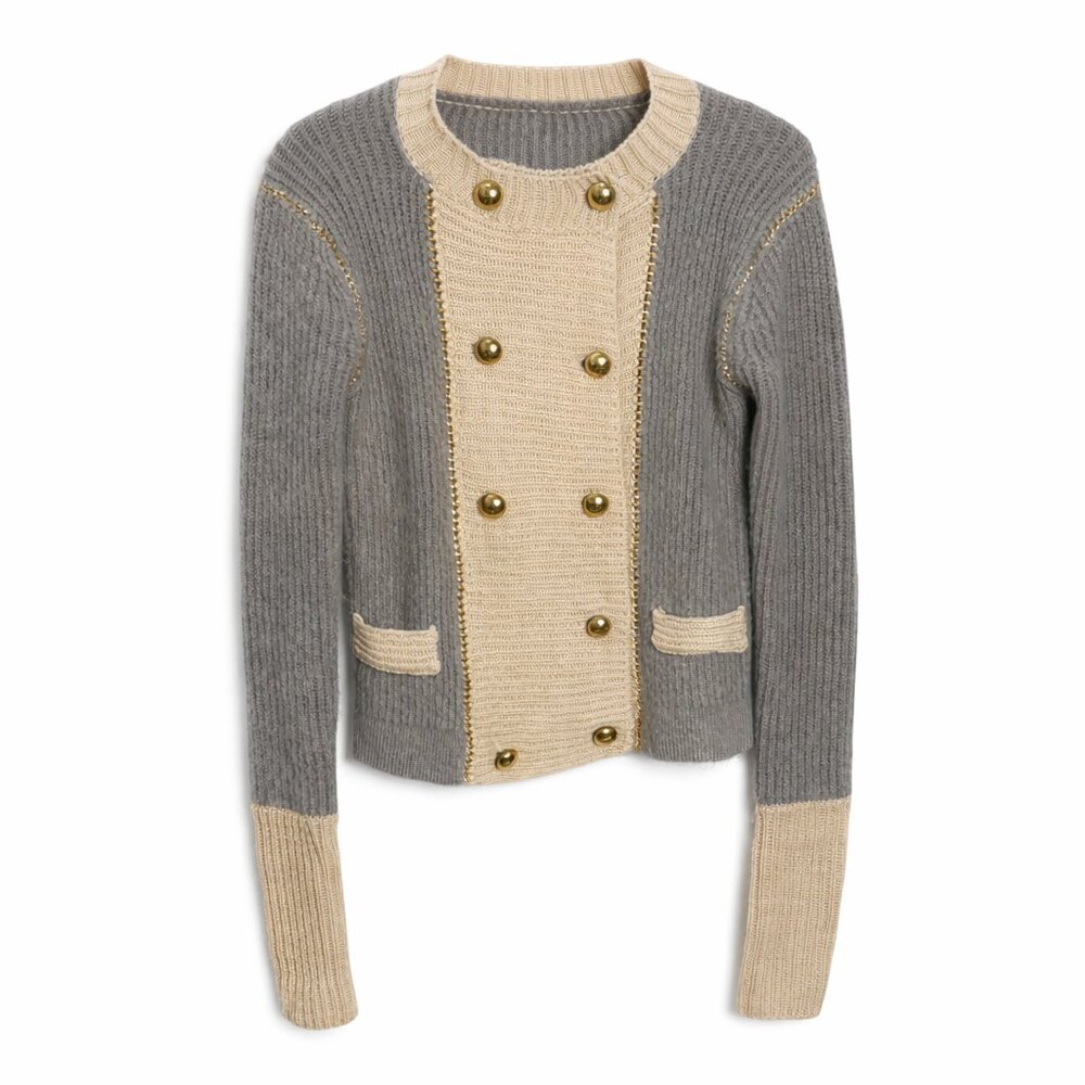 Tory Burch Grey & Cream Wool Button-Up Cardigan Sweater – Classic Designer Knit